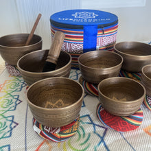 Load image into Gallery viewer, Set of 7 Hammered Tibetan Singing Bowls + FREE Case, Cushions and Mallets
