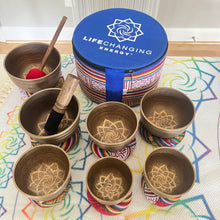 Load image into Gallery viewer, Set of 7 Hammered Tibetan Singing Bowls + FREE Case, Cushions and Mallets