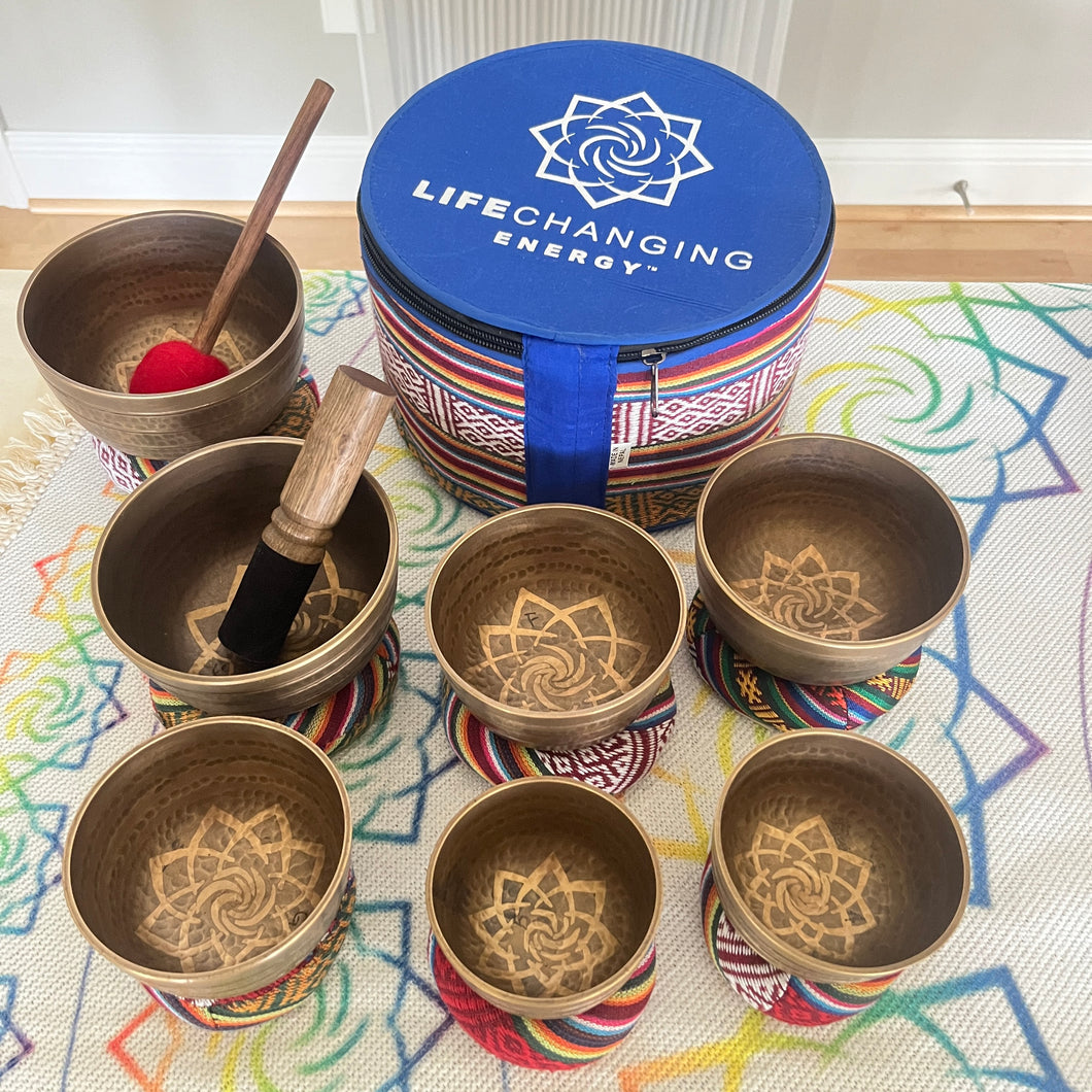 Set of 7 Hammered Tibetan Singing Bowls + FREE Case, Cushions and Mallets
