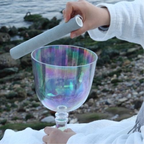 Practitioner Bowls - Handled Singing Bowl, 7 inch Fancy Clear Quartz Crystal