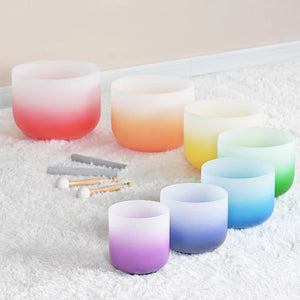 6-12 inch 7 Chakra Quartz Crystal Singing Bowl Set - Gradient Chakra Color + 2 FREE Carrying Cases