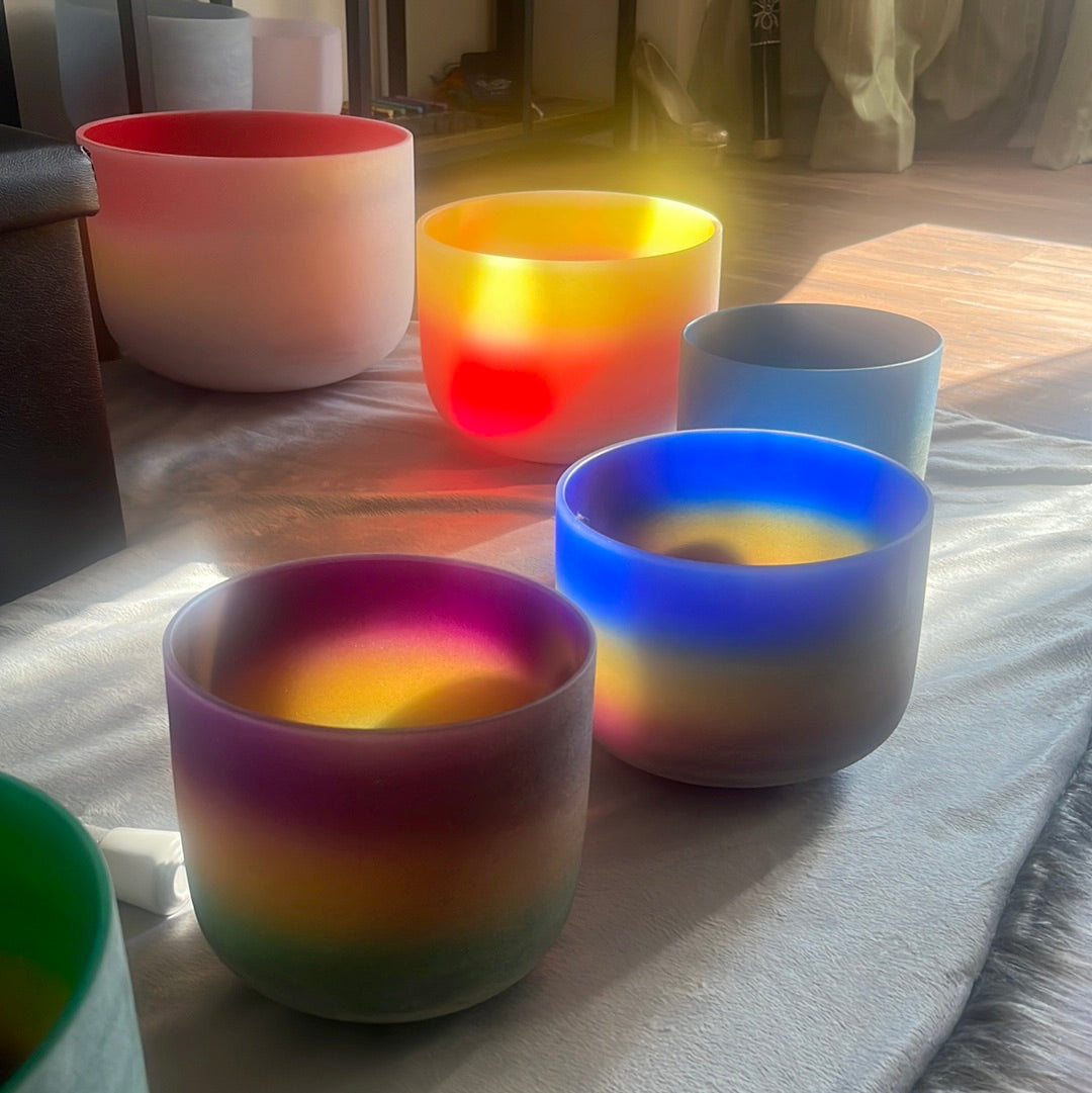 7 Rainbow Ombre Colored Quartz Crystal Singing Bowl - Chakra Set + 2 F