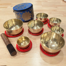 Load image into Gallery viewer, Set of 7 Hammered Himalayan Shiny Tibetan Singing Bowls + FREE Case and Mallet
